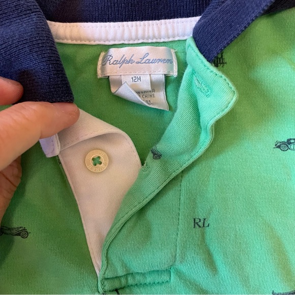Baby boys Ralph Lauren boys romper green and navy RL print. 12 month - Picture 3 of 3